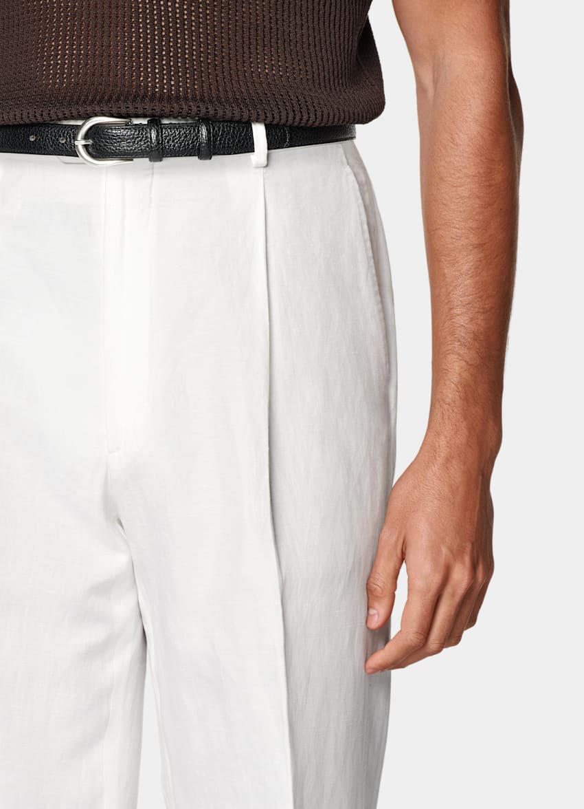 SUITSUPPLY Summer Lyocell Linen Cotton by Di Sondrio, Italy Off-White Wide Leg Straight Trousers