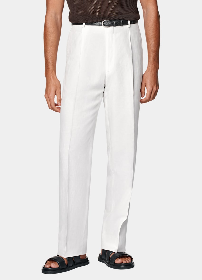 SUITSUPPLY Summer Lyocell Linen Cotton by Di Sondrio, Italy Off-White Wide Leg Straight Trousers