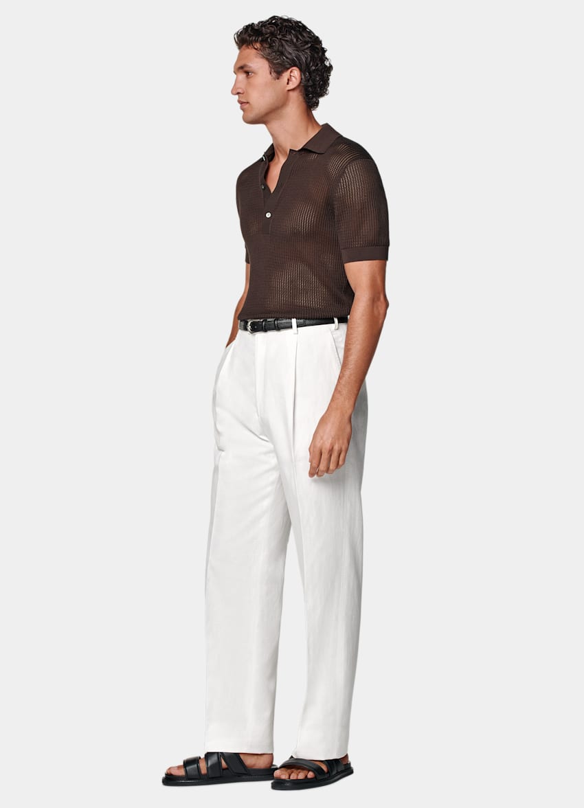 SUITSUPPLY Summer Lyocell Linen Cotton by Di Sondrio, Italy Off-White Wide Leg Straight Trousers