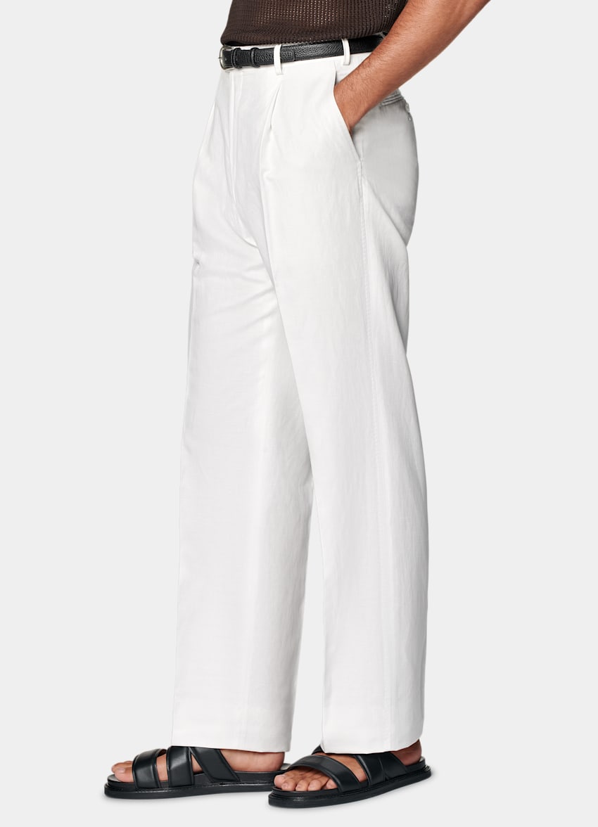 SUITSUPPLY Summer Lyocell Linen Cotton by Di Sondrio, Italy Off-White Wide Leg Straight Trousers
