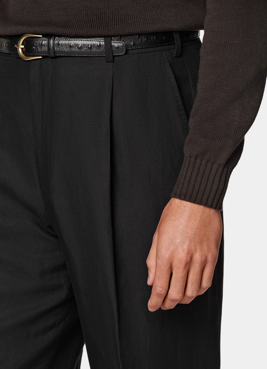 SUITSUPPLY Summer Lyocell Linen Cotton by Di Sondrio, Italy Black Wide Leg Straight Trousers