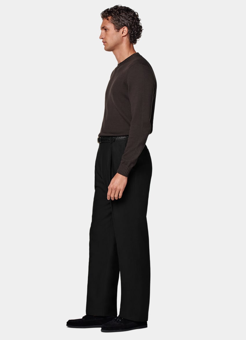 SUITSUPPLY Summer Lyocell Linen Cotton by Di Sondrio, Italy Black Wide Leg Straight Trousers