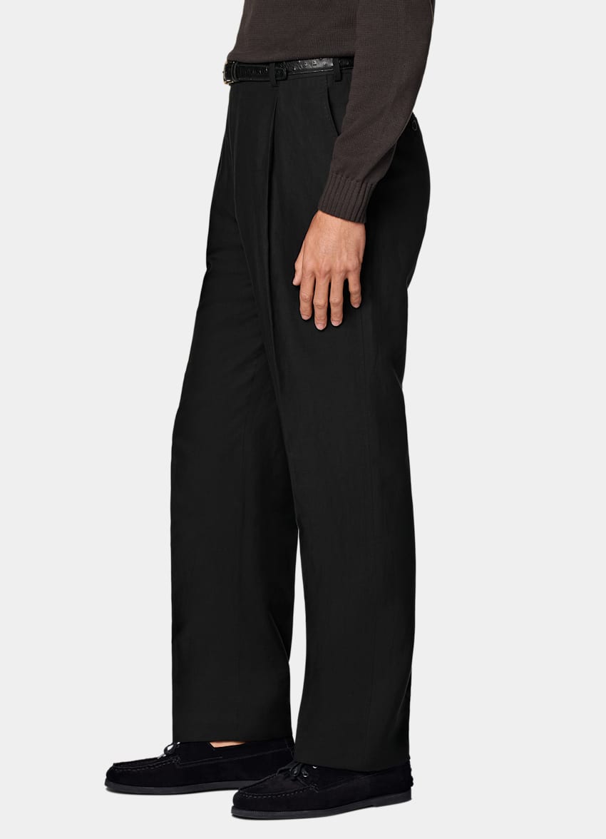 SUITSUPPLY Summer Lyocell Linen Cotton by Di Sondrio, Italy Black Wide Leg Straight Trousers