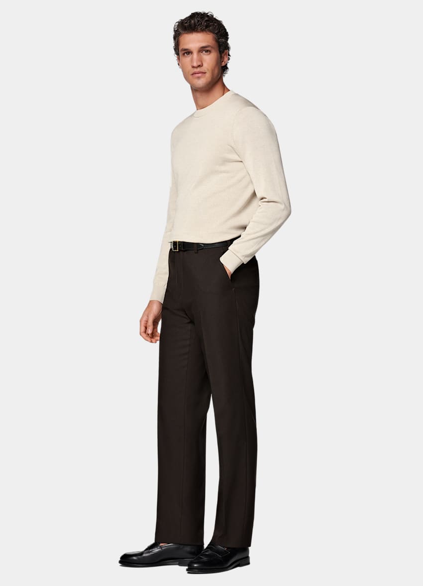 Dark Brown Straight Leg Pants in Wrinkle-Free 4-Ply Wool