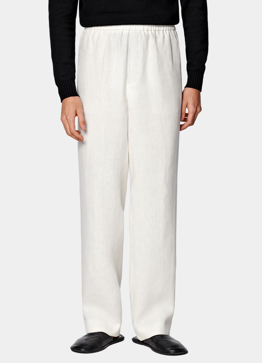 Off-White Wide Leg Straight Trousers in Pure Linen Off-White Wide Leg Straight Trousers in Pure Linen