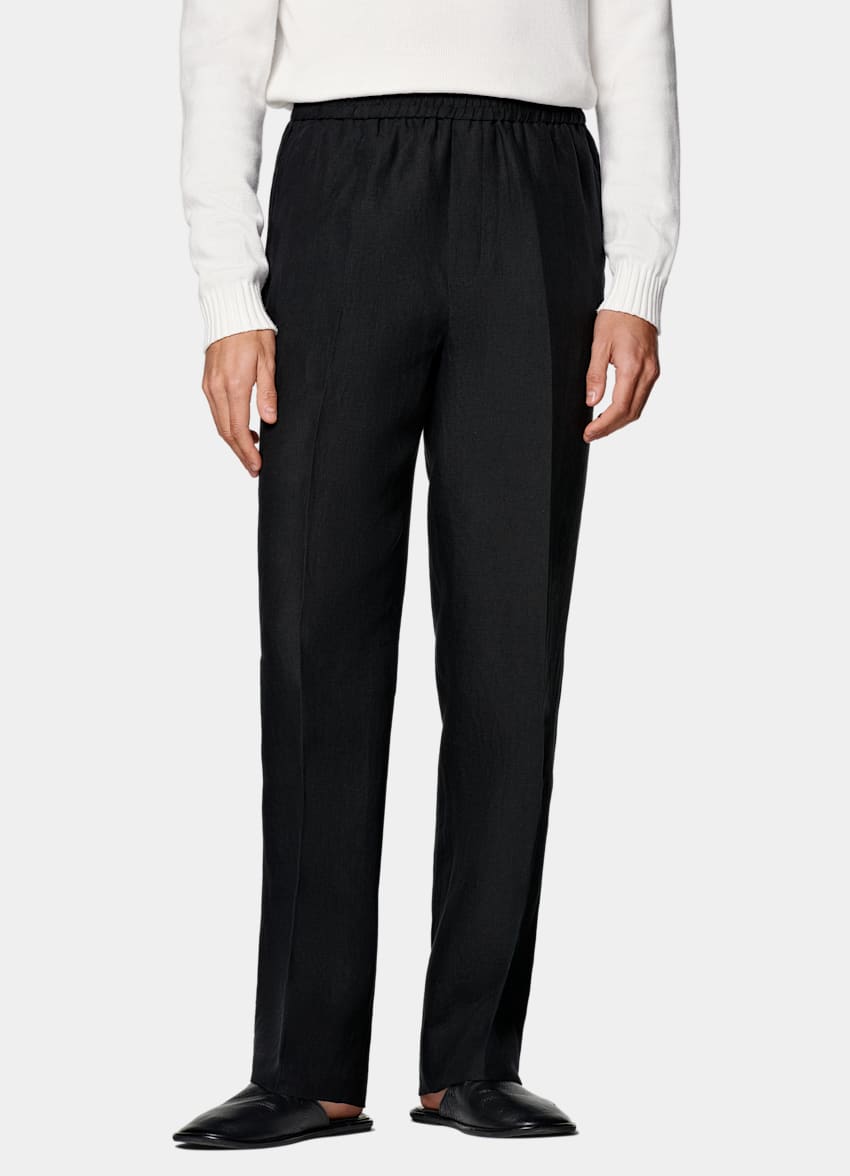 SUITSUPPLY Summer Pure Linen by Di Sondrio, Italy Black Wide Leg Straight Pants