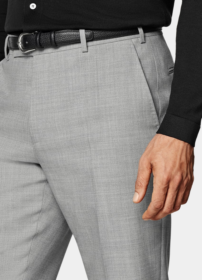 SUITSUPPLY Pure 4-Ply Traveller Wool by Rogna, Italy  Light Grey Straight Leg Milano Pants
