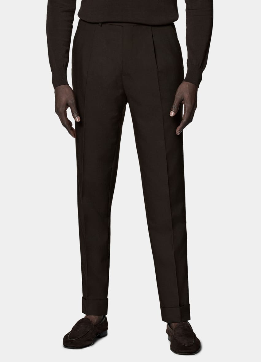 SUITSUPPLY All Season Pure 4-Ply Traveller Wool by Rogna, Italy Dark Brown Slim Leg Tapered Trousers