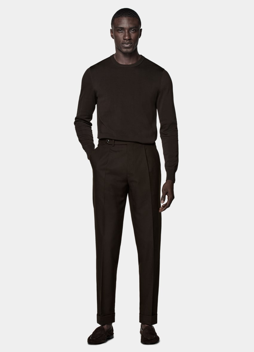 SUITSUPPLY Pure 4-Ply Traveller Wool by Rogna, Italy Dark Brown Slim Leg Tapered Vigo Trousers