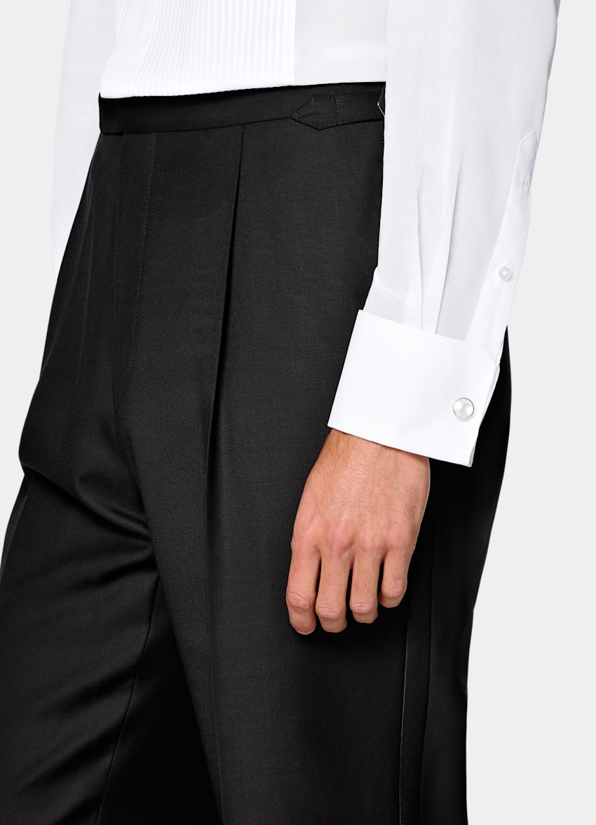 SUITSUPPLY All Season Pure S110's Wool by Vitale Barberis Canonico, Italy Black Wide Leg Straight Tuxedo Trousers