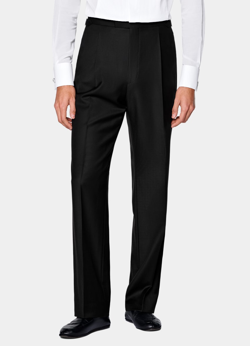 SUITSUPPLY All Season Pure S110's Wool by Vitale Barberis Canonico, Italy Black Wide Leg Straight Tuxedo Trousers