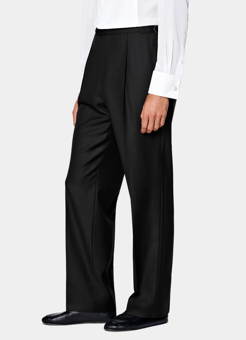 SUITSUPPLY All Season Pure S110's Wool by Vitale Barberis Canonico, Italy Black Wide Leg Straight Tuxedo Trousers