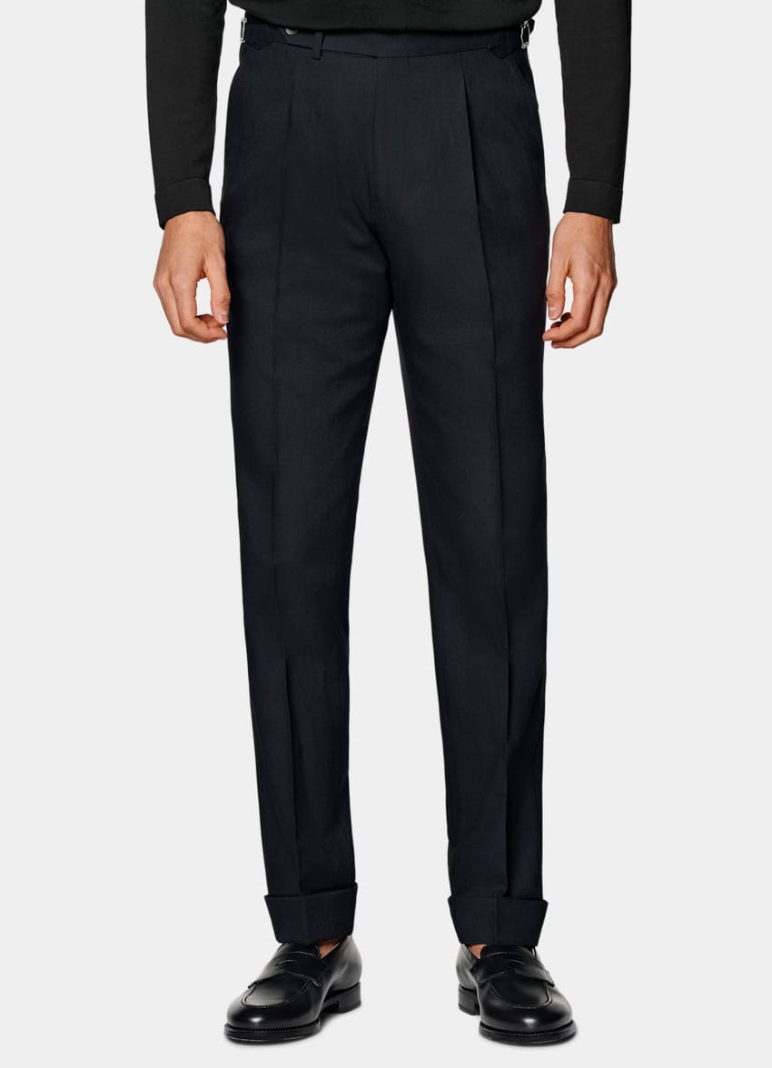 SUITSUPPLY Pure 4-Ply Traveller Wool by Rogna, Italy Navy Pleated Vigo Pants