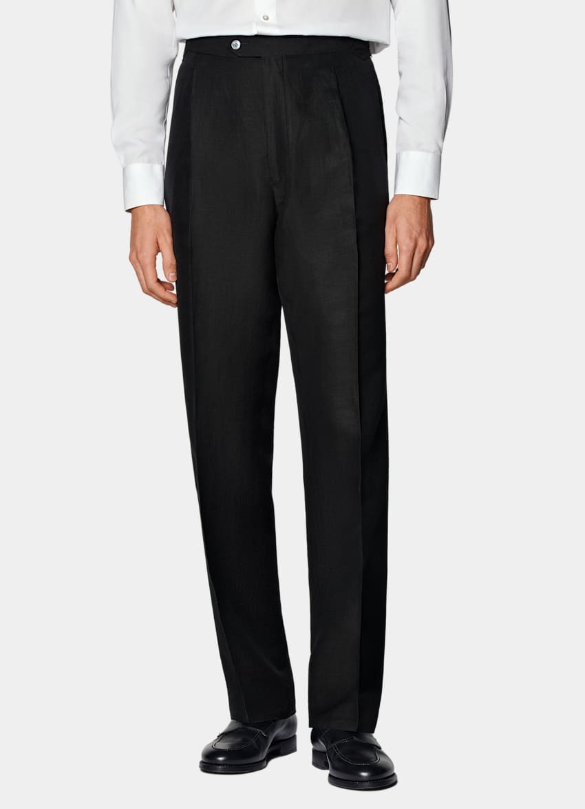SUITSUPPLY Summer Linen Silk by Beste, Italy Black Wide Leg Straight Trousers