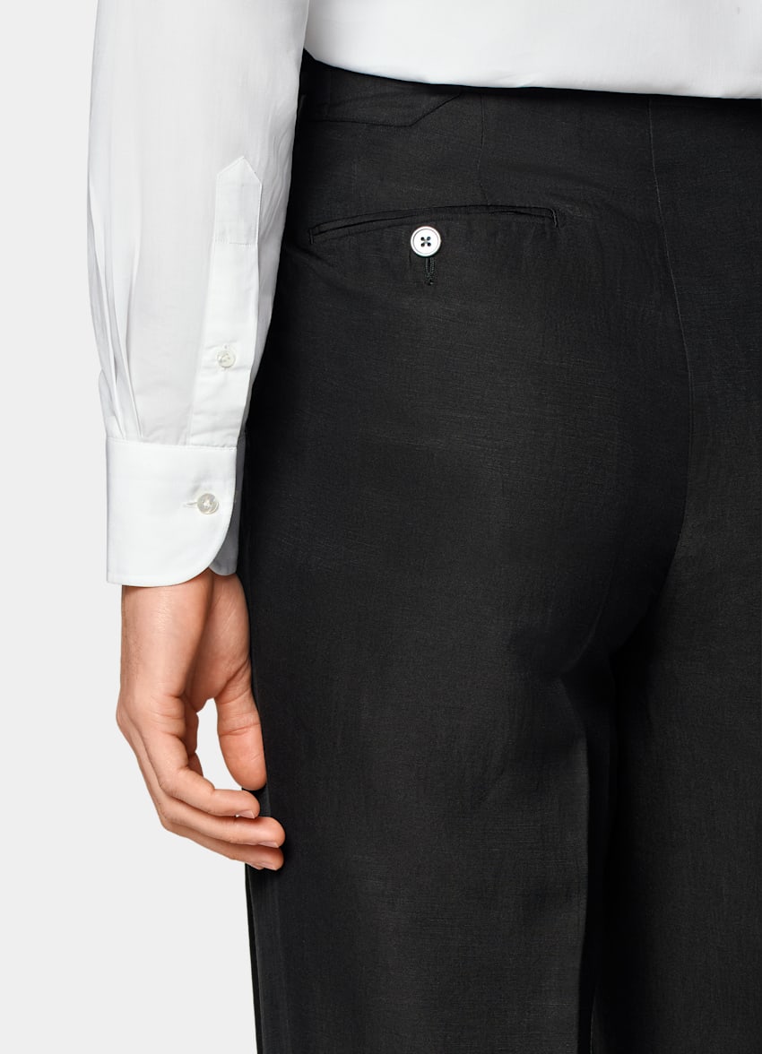 SUITSUPPLY Linen Silk by Beste, Italy Black Wide Leg Straight Duca Trousers