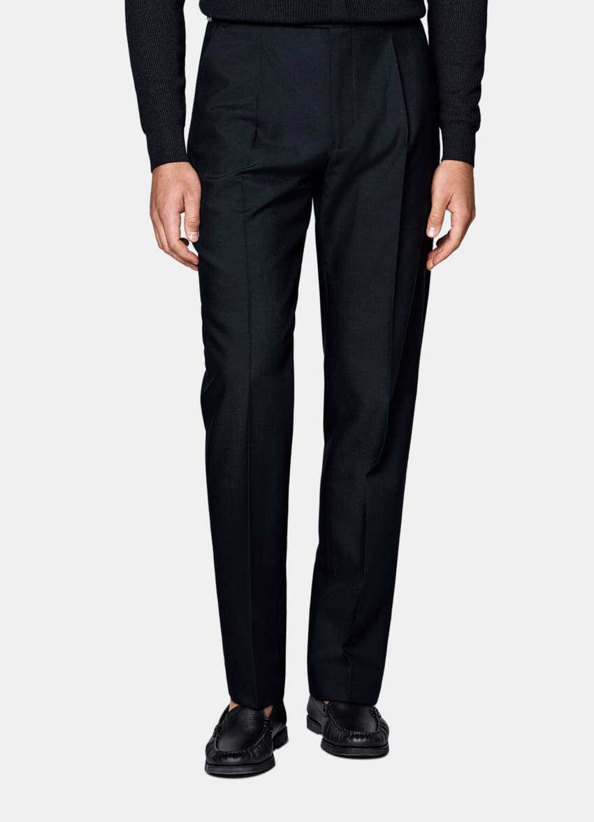 SUITSUPPLY All Season Wrinkle-Free 4-Ply Wool by Rogna, Italy Navy Wide Leg Tapered Suit Trousers