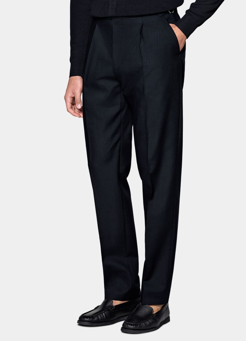 SUITSUPPLY All Season Wrinkle-Free 4-Ply Wool by Rogna, Italy Navy Wide Leg Tapered Suit Trousers