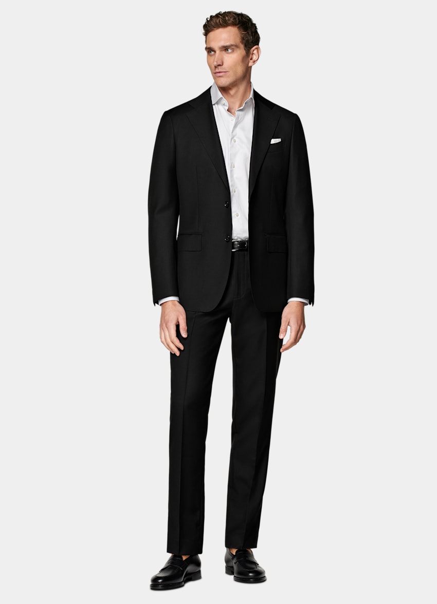 SUITSUPPLY Pure S110's Wool by Vitale Barberis Canonico, Italy  Black Slim Leg Straight Suit Pants