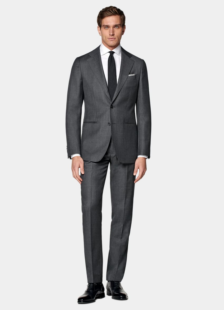 SUITSUPPLY All Season Pure S130's Wool by Vitale Barberis Canonico, Italy Dark Grey Bird's Eye Slim Leg Straight Suit Trousers