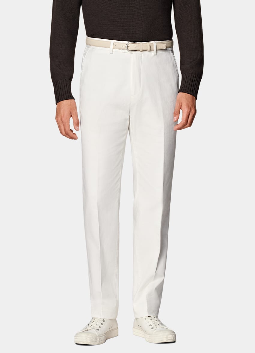 SUITSUPPLY All Season Stretch Cotton by Cervotessile, Italy Off-White Slim Leg Straight Chinos