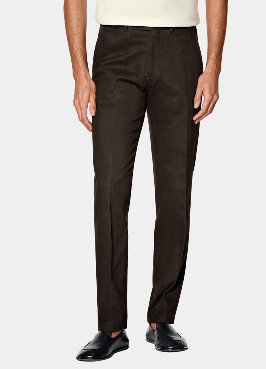 SUITSUPPLY All Season Stretch Cotton by Cervotessile, Italy Dark Brown Slim Leg Straight Chinos