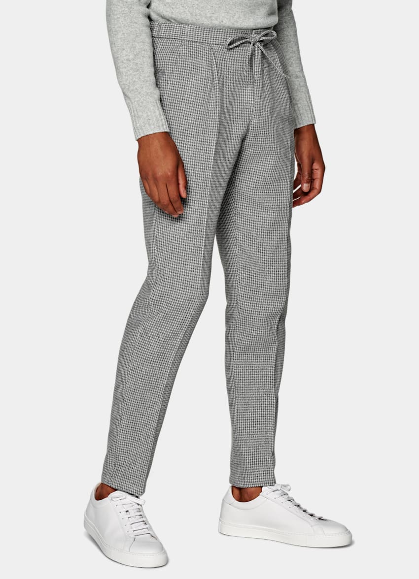 Light Grey Houndstooth Drawstring Ames Trousers in Wool Cashmere ...