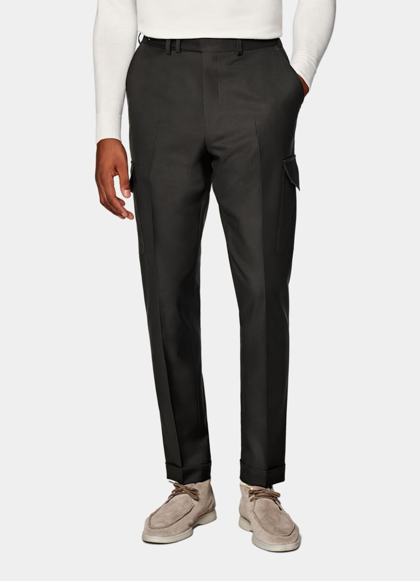 SUITSUPPLY Pure S110's Wool by Vitale Barberis Canonico, Italy Dark Brown Wide Leg Tapered Blake Cargo Trousers
