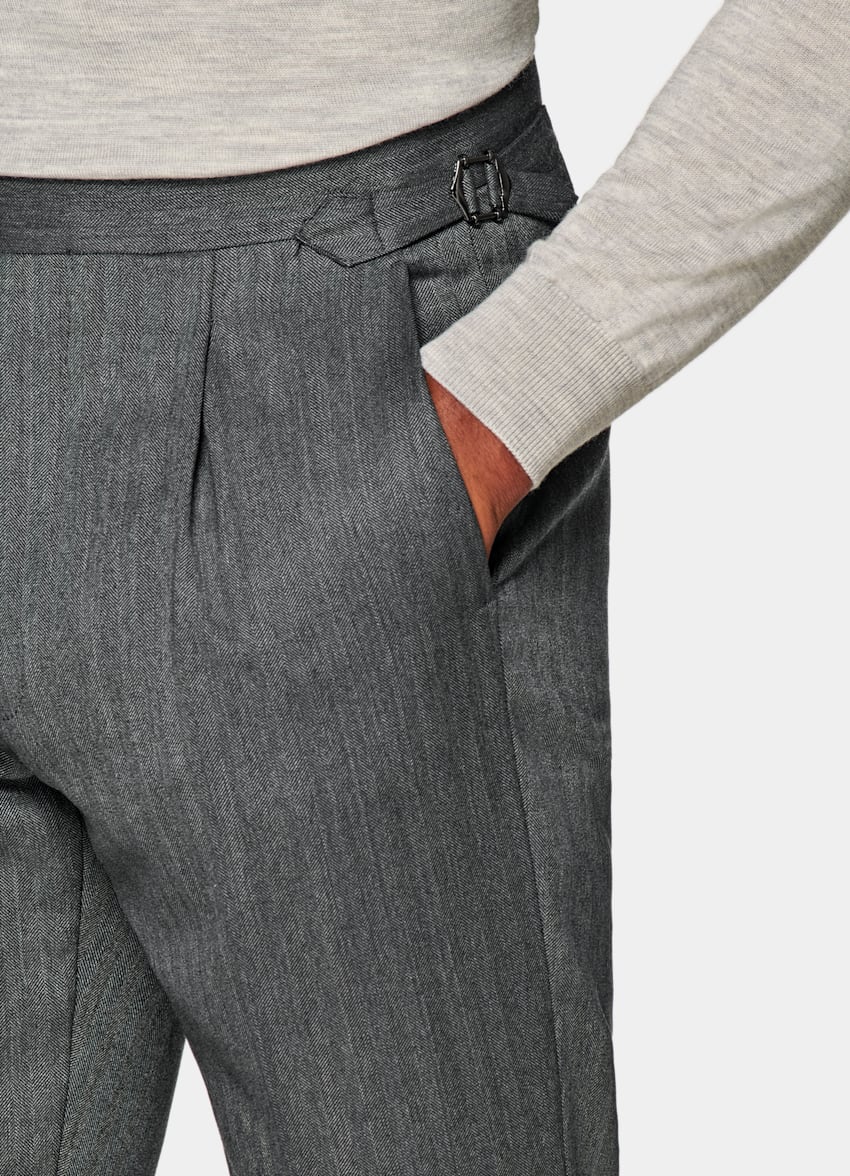Dark Grey Herringbone Pleated Vigo Pants in Pure Wool