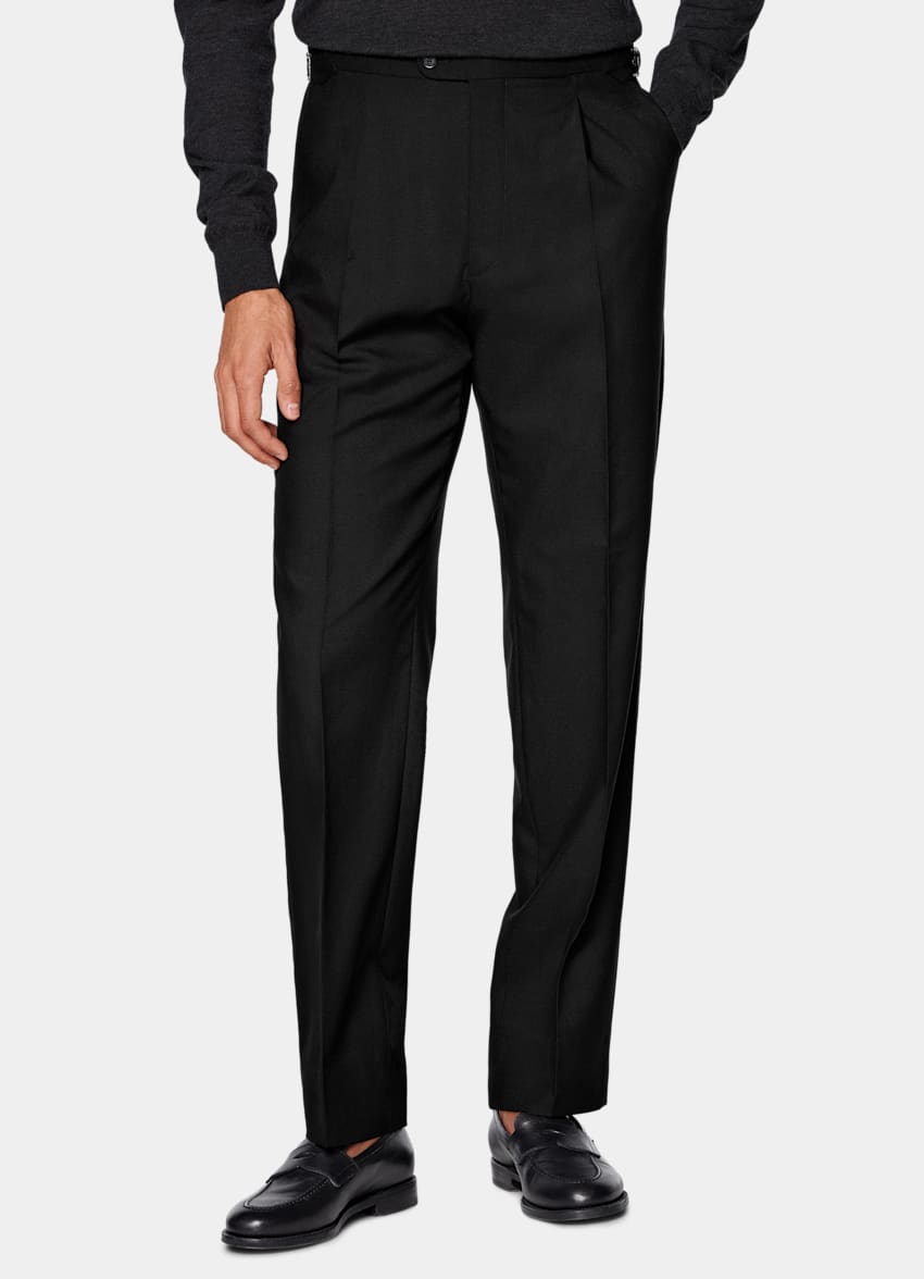 Black Wide Leg Tapered Suit Pants in Wrinkle-Free Wool