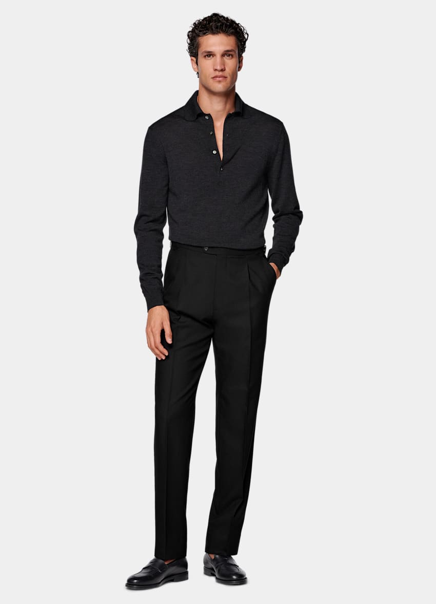 Black Wide Leg Tapered Suit Pants in Wrinkle-Free Wool