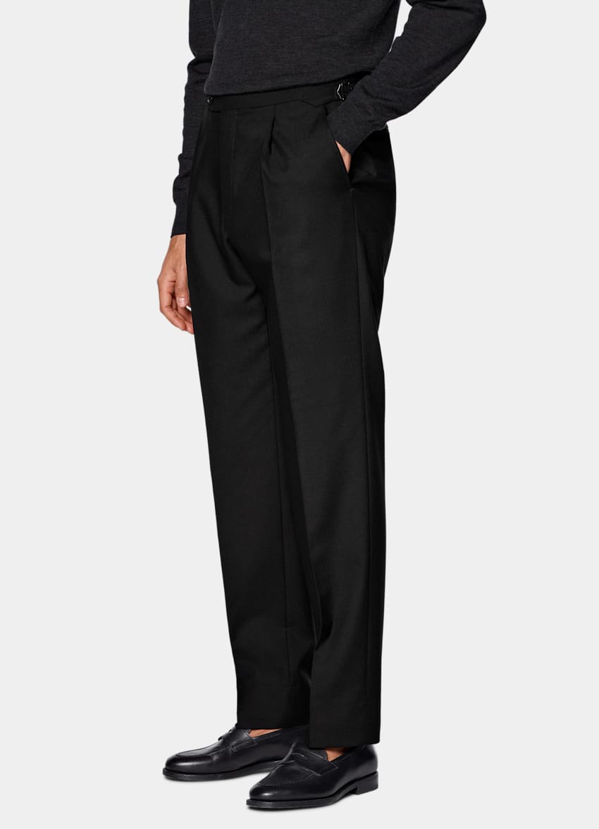 Black Wide Leg Tapered Suit Pants in Wrinkle-Free Wool