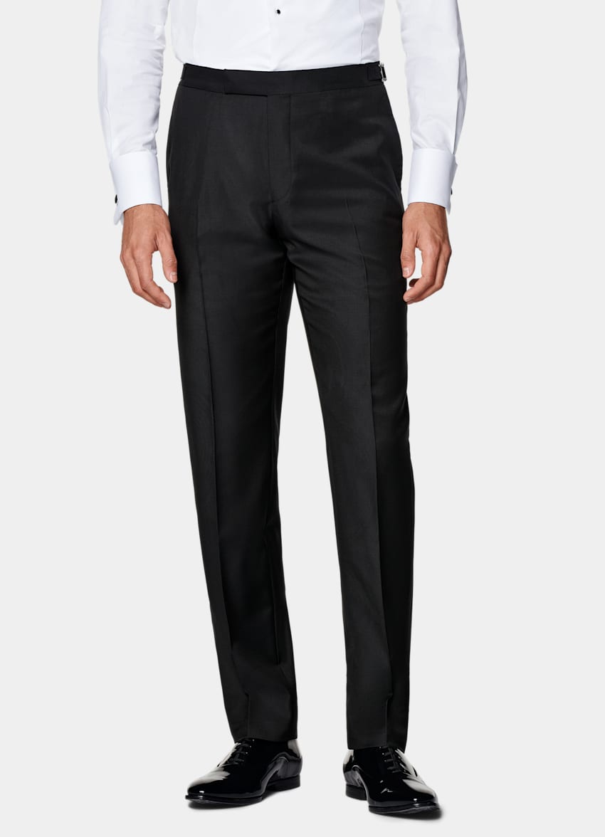 SUITSUPPLY All Season Pure S110's Wool by Vitale Barberis Canonico, Italy  Black Slim Leg Straight Tuxedo Pants