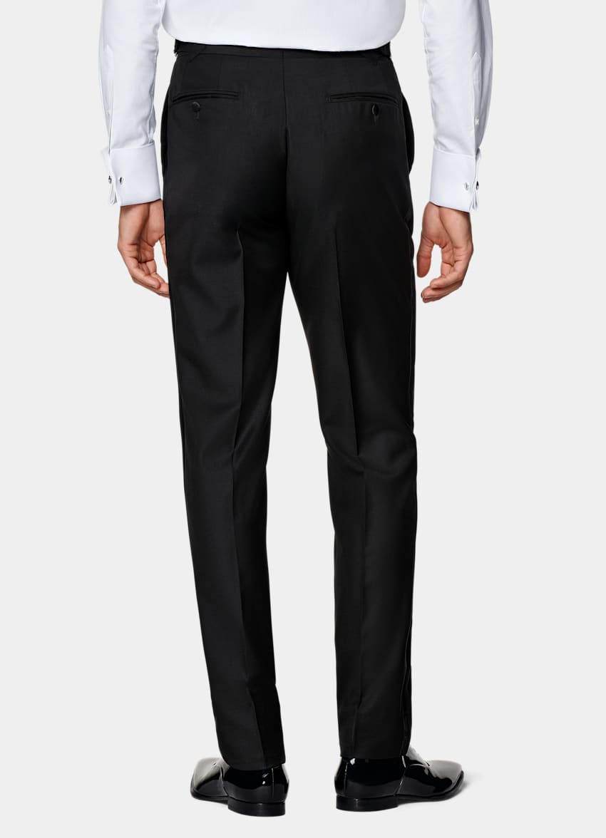 SUITSUPPLY All Season Pure S110's Wool by Vitale Barberis Canonico, Italy  Black Slim Leg Straight Tuxedo Pants