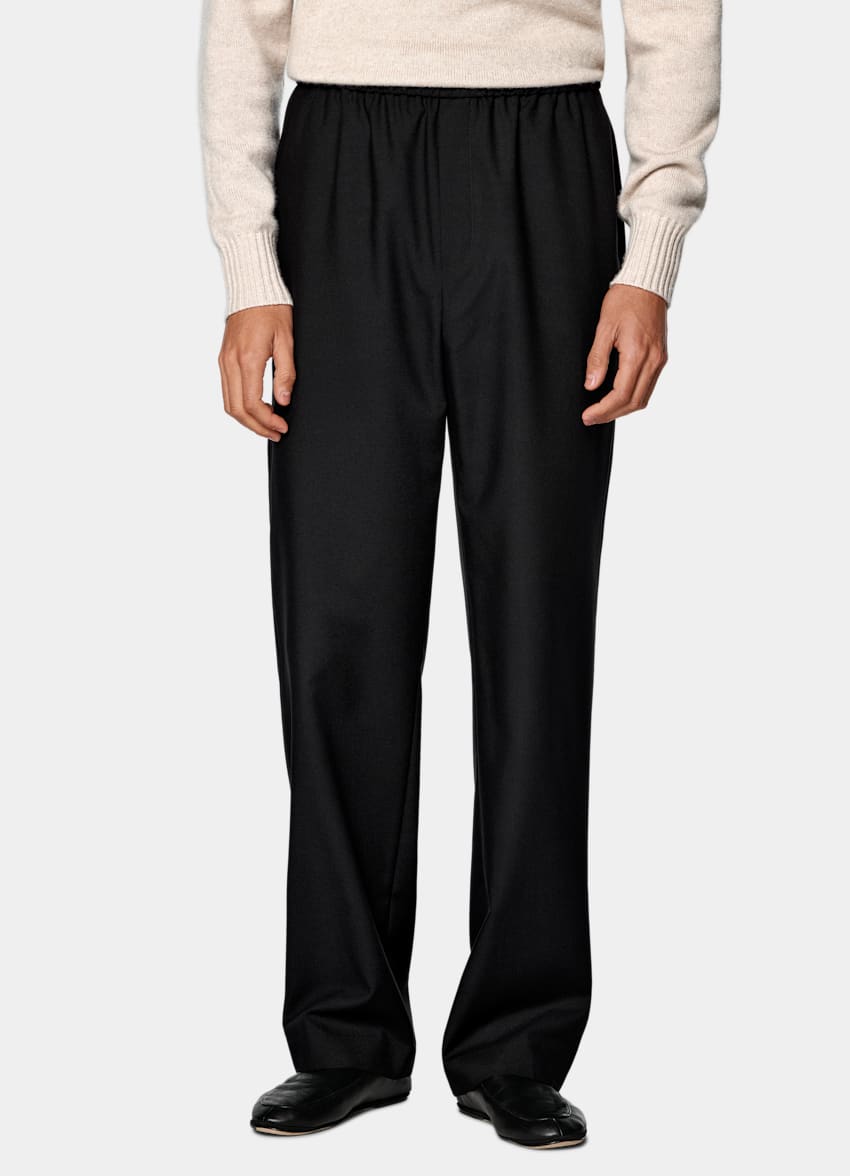Black Wide Leg Straight Trousers in Wrinkle-Free Wool
