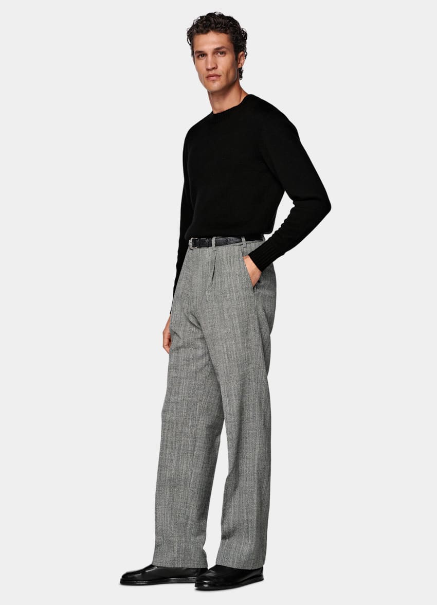 Black Wide Leg Straight Trousers in Wool Polyester