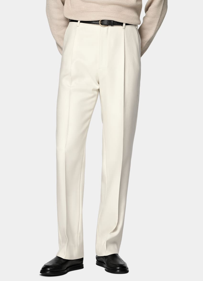 SUITSUPPLY All Season Pure Wool by Di Sondrio, Italy Off-White Wide Leg Straight Trousers