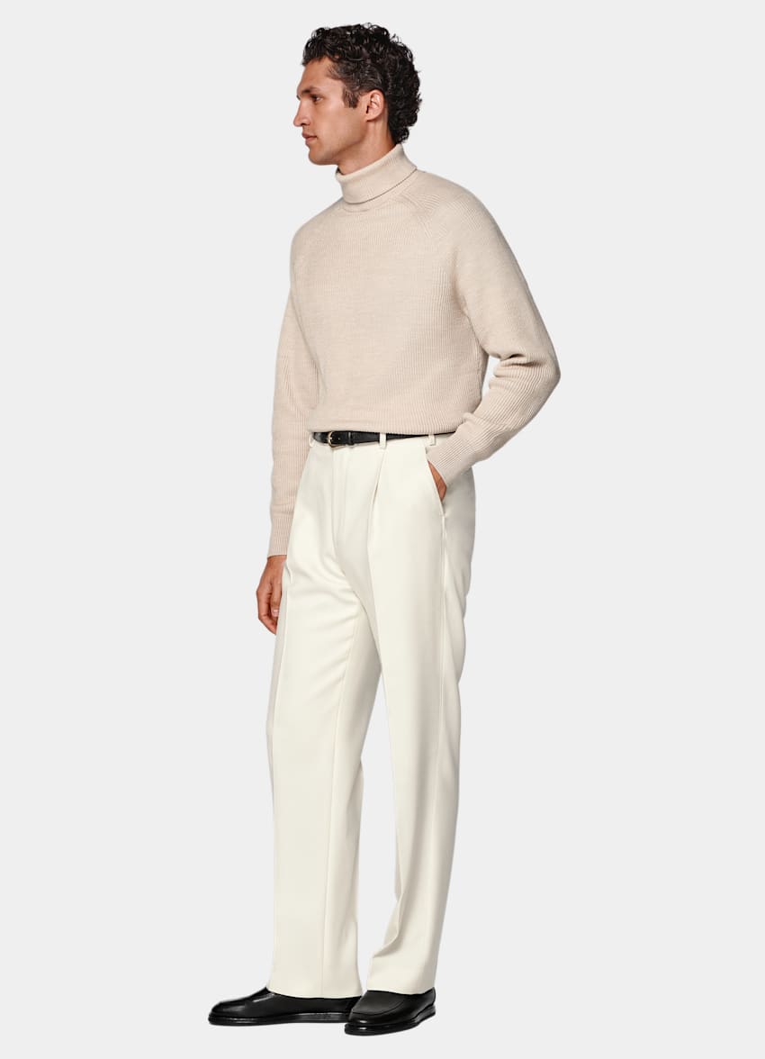 SUITSUPPLY All Season Pure Wool by Di Sondrio, Italy Off-White Wide Leg Straight Trousers