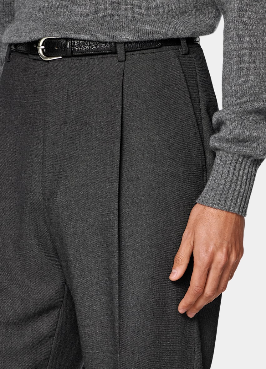 Dark Grey Wide Leg Straight Trousers in Pure Wool