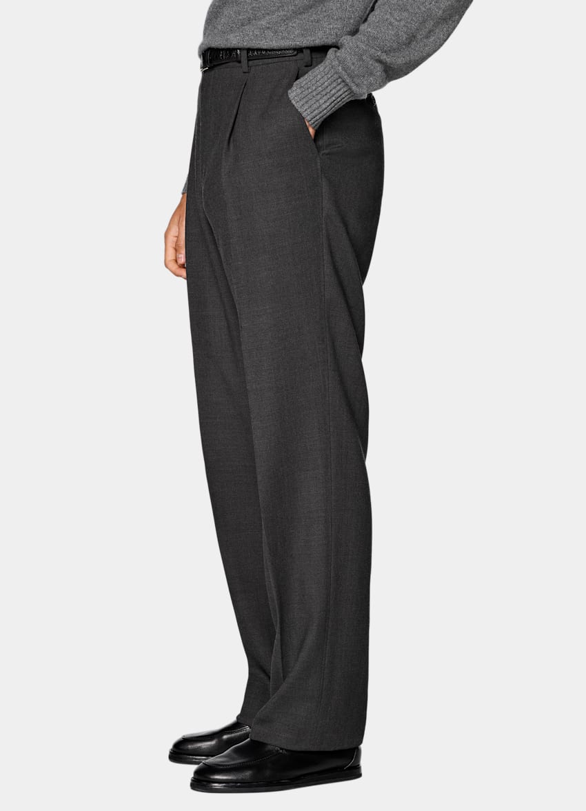 スーツ BEVAN UP wide dark gray slacks Dark Grey Wide Leg Straight Trousers in Pure Wool