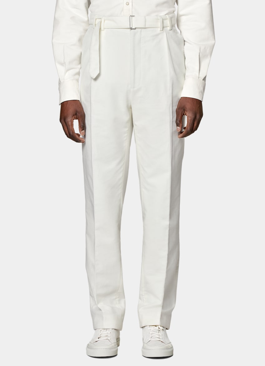 SUITSUPPLY Cotton Stretch Moleskin by Pontoglio, Italy  Off-White Belted Sortino Pants