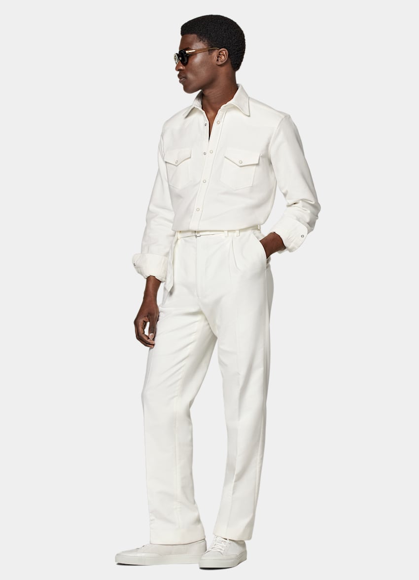 SUITSUPPLY Cotton Stretch Moleskin by Pontoglio, Italy  Off-White Belted Sortino Pants