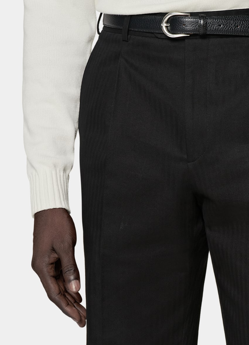 SUITSUPPLY All Season Pure Cotton by Di Sondrio, Italy Black Herringbone Wide Leg Tapered Trousers