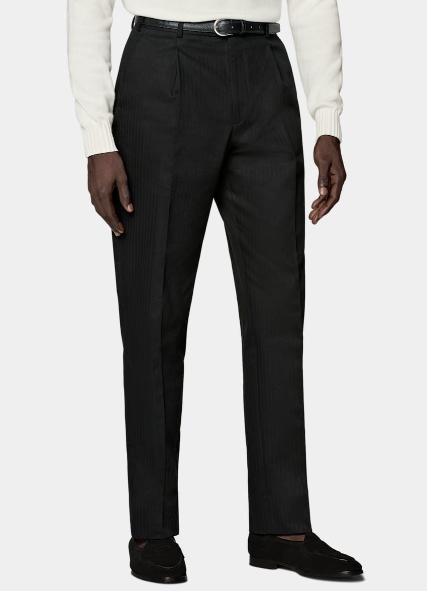 SUITSUPPLY Pure Cotton by Di Sondrio, Italy Black Herringbone Wide Leg Tapered Trousers