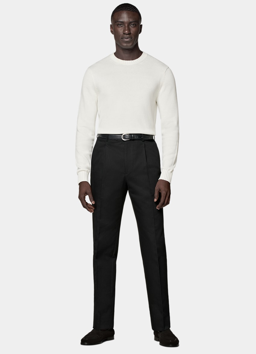 Black Herringbone Firenze Pants in Pure Cotton | SUITSUPPLY US