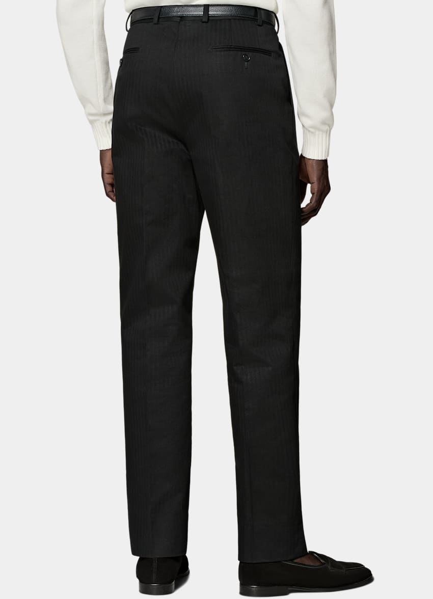 SUITSUPPLY Pure Cotton by Di Sondrio, Italy Black Herringbone Wide Leg Tapered Firenze Trousers
