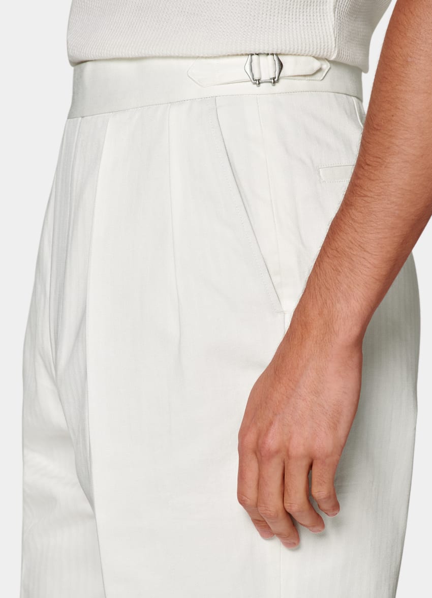 SUITSUPPLY Pure Cotton by Di Sondrio, Italy Off-White Herringbone Wide Leg Tapered Mira Trousers