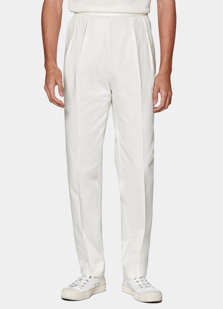SUITSUPPLY All Season Pure Cotton by Di Sondrio, Italy Off-White Herringbone Wide Leg Tapered Trousers