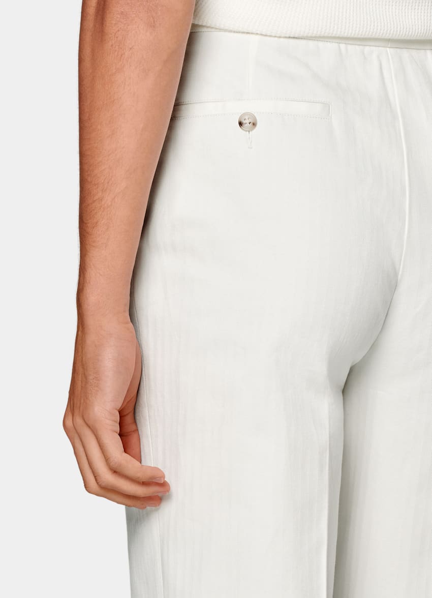 SUITSUPPLY Pure Cotton by Di Sondrio, Italy Off-White Herringbone Wide Leg Tapered Trousers