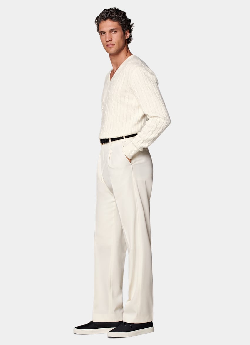 SUITSUPPLY All Season Pure Wool by Rogna, Italy Off-White Wide Leg Straight Trousers