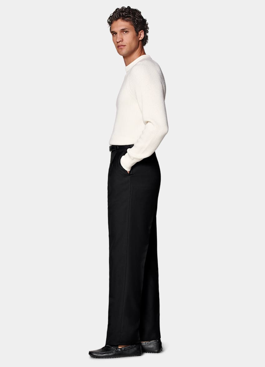 SUITSUPPLY All Season Pure Wool by Vitale Barberis Canonico, Italy  Black Wide Leg Straight Pants